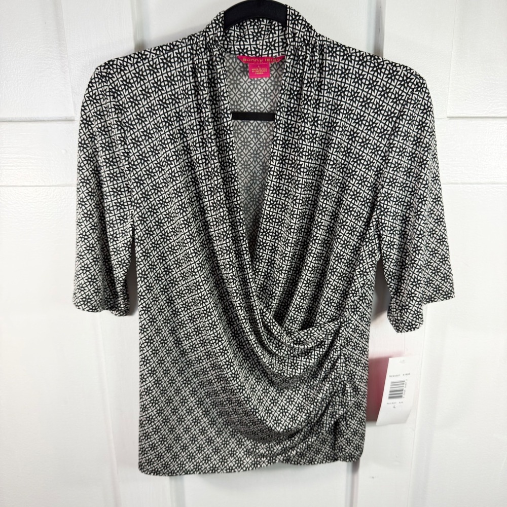 Sunny Leigh Womens Black White Geometric Surplice Ruched Top S244501 L NWT